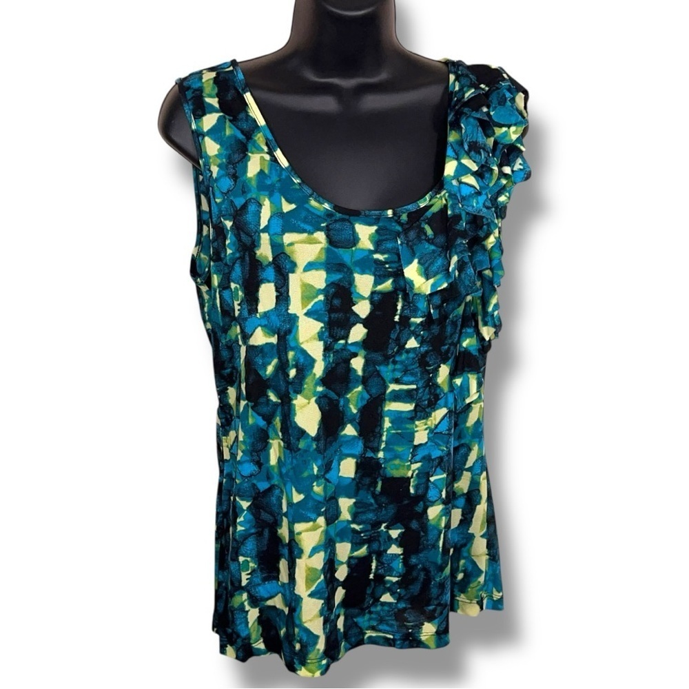 Merona Medium Blue Teal Lime Green Sleeveless Blouse Ruffle Accent Vneck
